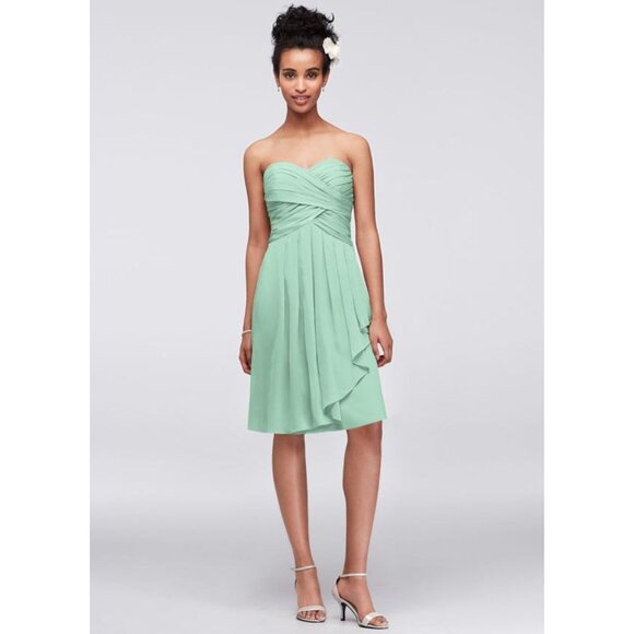 David's Bridal Crinkle Chiffon w Front Cascade size 2 mint green strapless Dress - Picture 1 of 7